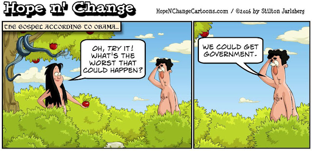 obama, obama jokes, political, humor, cartoon, conservative, hope n' change, hope and change, stilton jarlsberg, hillary, original sin, adam and eve
