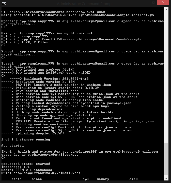 Node.js With Express Framework Basic App on IBM Bluemix Deploying