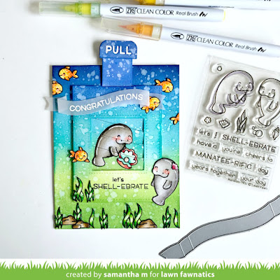 Let's Shell-ebrate Card by Samantha Mann for Lawn Fawnatics Challenge Blog, Lawn Fawn, Engagement Card, Distress Inks, Manatees, Ink Blending, Interactive, Magic Picture Changer, proposal, #lawnfawn #interactive #inkblending #distressinks #magicpicturechanger #handmadecards #cards