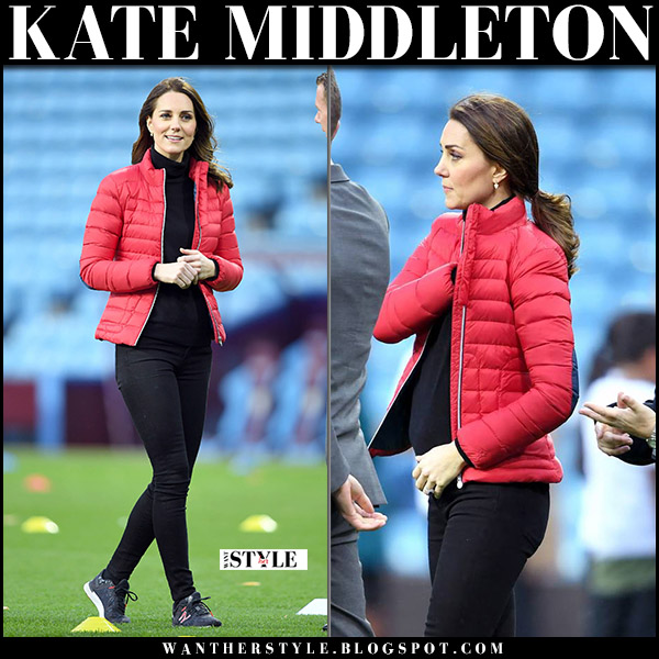 Kate Middleton in red puffer jacket and black jeans in Birmingham on