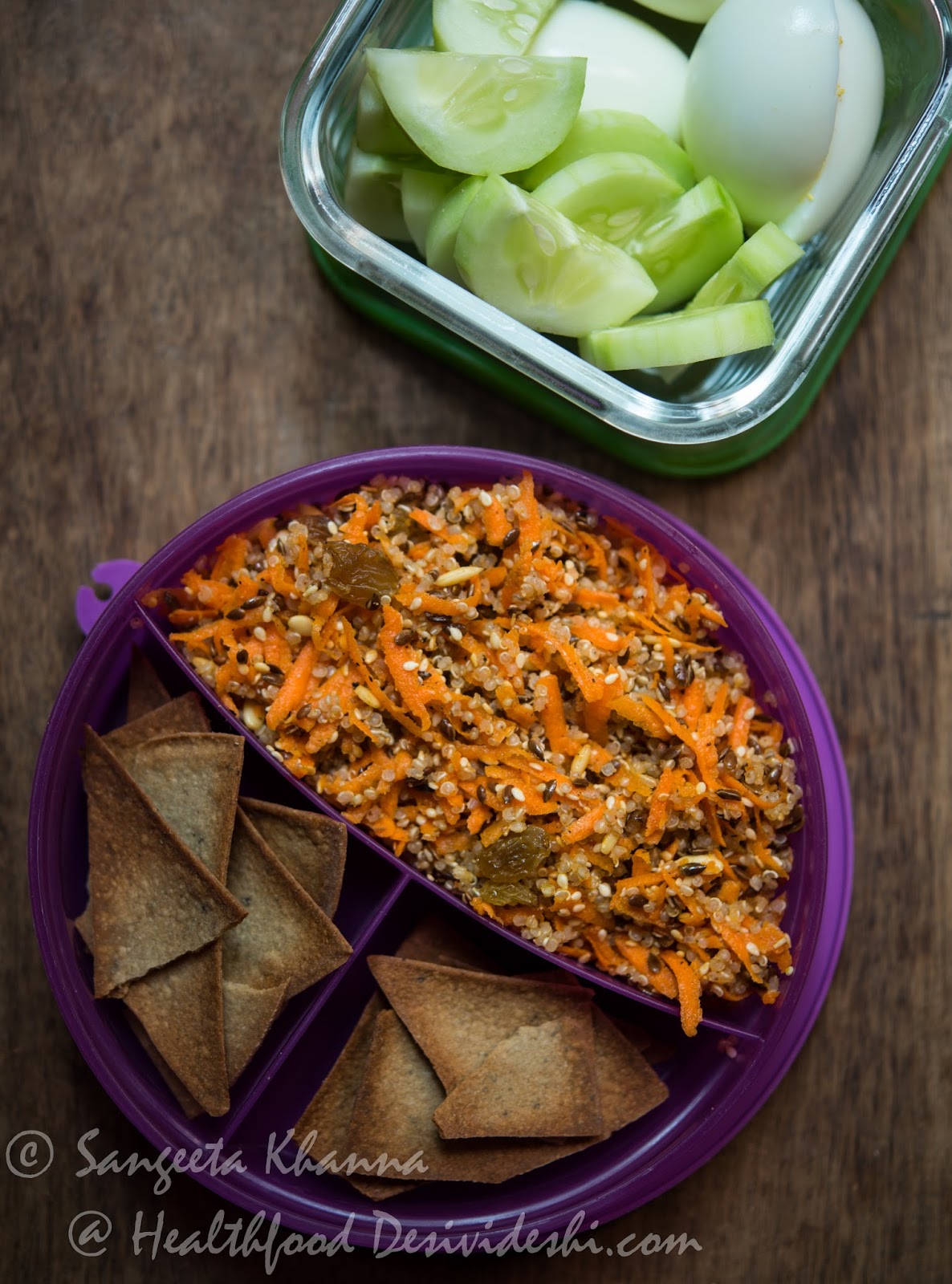 Quinoa salad with carrots, walnuts and raisins