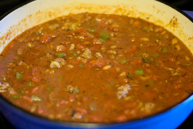 The beef and bean goulash coming to a simmer. 
