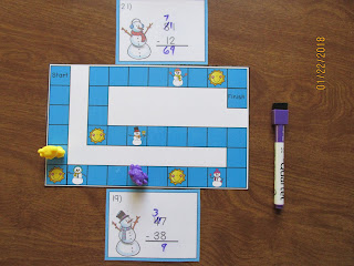 Snowman 2 Digit Subtraction Regrouping Task Cards