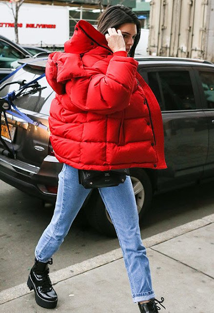 street style puffer coat red