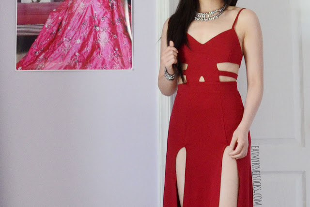 SheIn Fashion Review: Red Cutout Maxi Dress A bold, sexy formal outfit featuring the red cutout double slit Nightwalker Shera maxi dress dupe from SheIn, paired with black platform heels and silver jewelry.