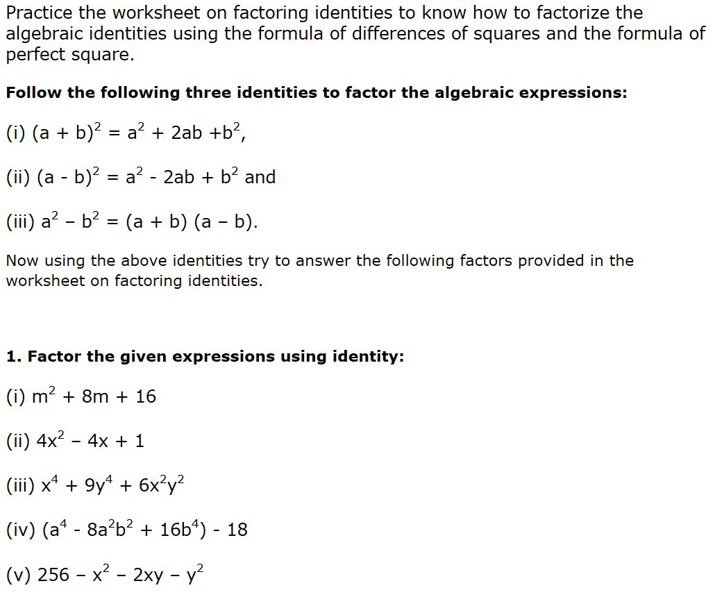 DCMC MATH Class 8: Practice worksheet on factorisation for class 8