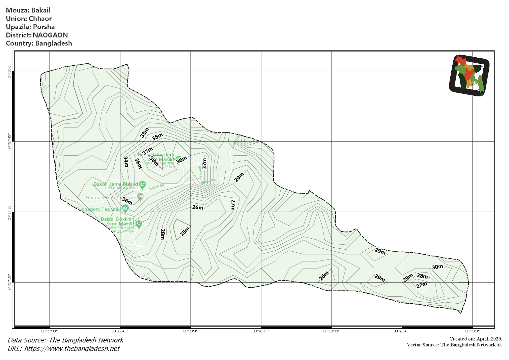 Map of Bakail Mouza of Porsha Upazila, NAOGAON, Bangladesh.
