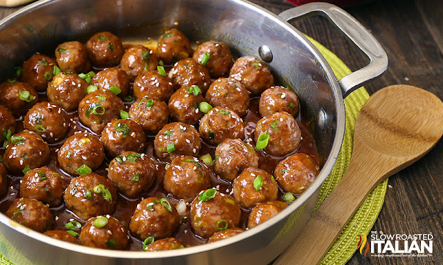 Saucy Teriyaki Meatballs are bursting with flavor in an easy recipe that comes together with just a few ingredients. The whole family is going to love 'em. Simple recipe, awesome meatballs! http://theslowroasteditalian-printablerecipe.blogspot.com/2016/05/saucy-teriyaki-meatballs.html