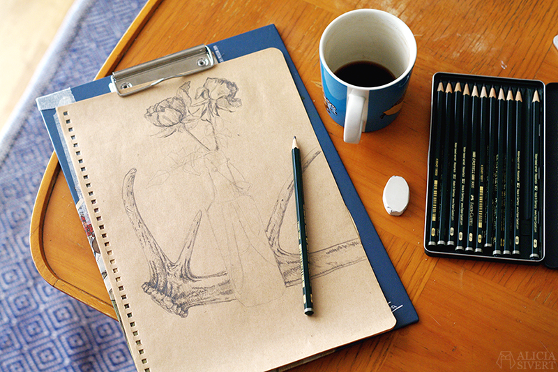 Antler and rose drawing (WIP) by Alicia Sivertsson. aliciasivert alicia sivert sivertsson antler antlers horn hjorthorn flaska bottle ros rosor roses drawing teckning sketch skiss konst art artist teckningar drawings blyerts