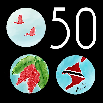 Independence logo of T&T: Steel pan, Chaconia, Scarlet Ibis and map of T&T for 50th Logo