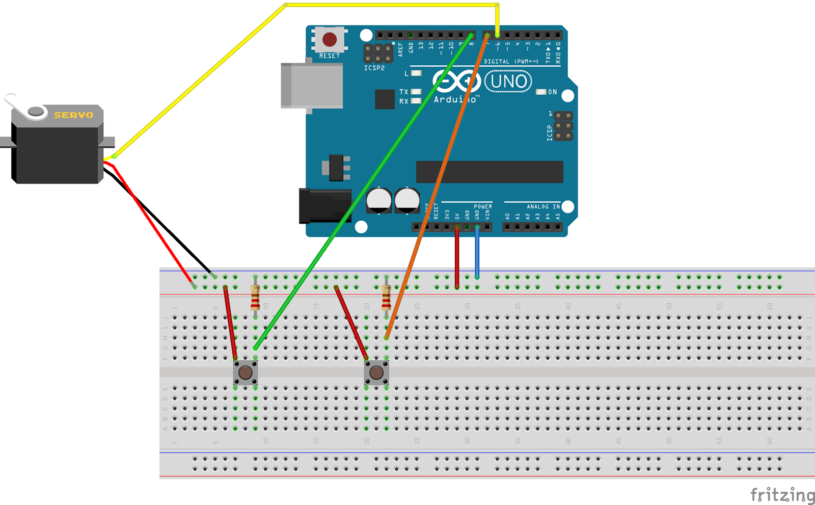 Joxeren saskinaskia Arduinoko praktika xume bat servo+2 pultsadore