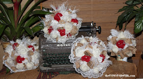 burlap, lace, and feathers wedding bouquets