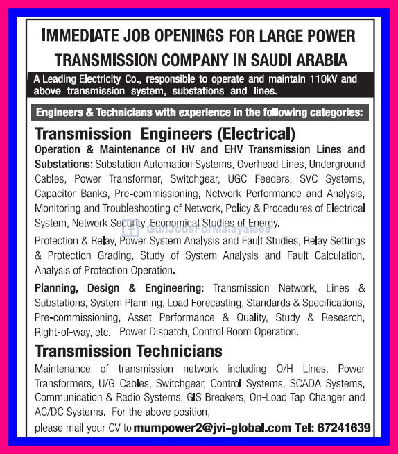 Jobs in Power Transmission British company KSA Gulf Jobs for Malayalees