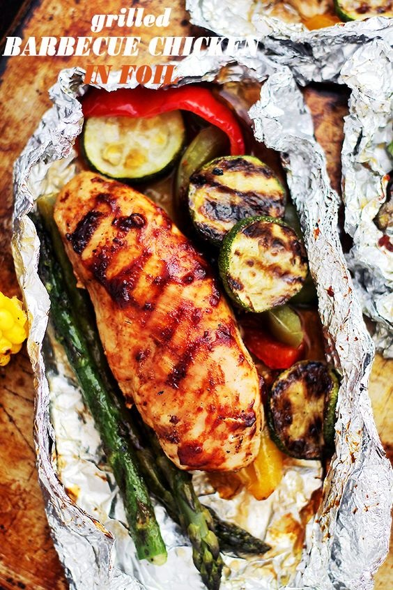 Grilled Barbecue Chicken and Vegetables in Foil
