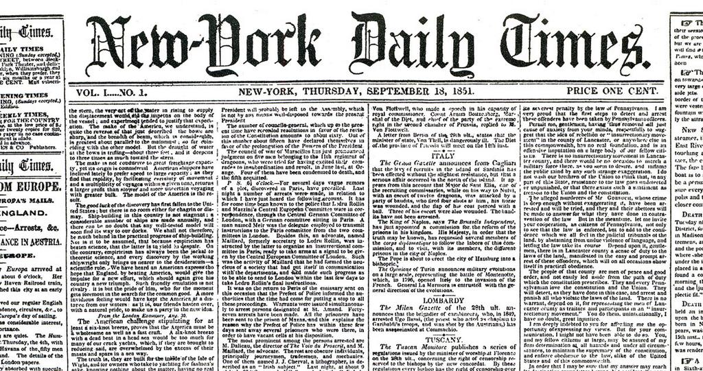 world Memory blog: 18 settembre 1851 - La prima copia del New York Times