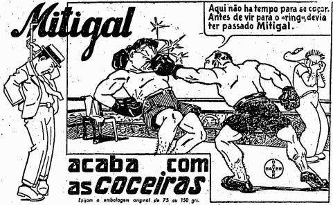 Lutadores de boxe serviram para ilustrar a campanha do medicamento Mitigal, anunciado em 1939. 