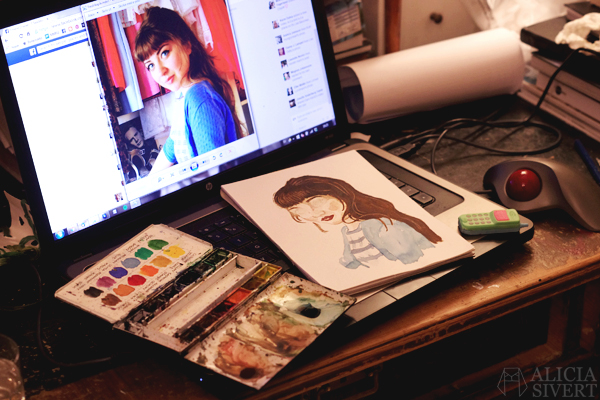 WIP water colour portrait by Alicia Sivertsson, 2016. WIP portrait of Fredrikapåvinden by Alicia Sivertsson, 2016. fredrika på vinden, akvarell, aquarelle, water colour, color, måla, måleri, skapa, skapande, kreativitet, creativity, create