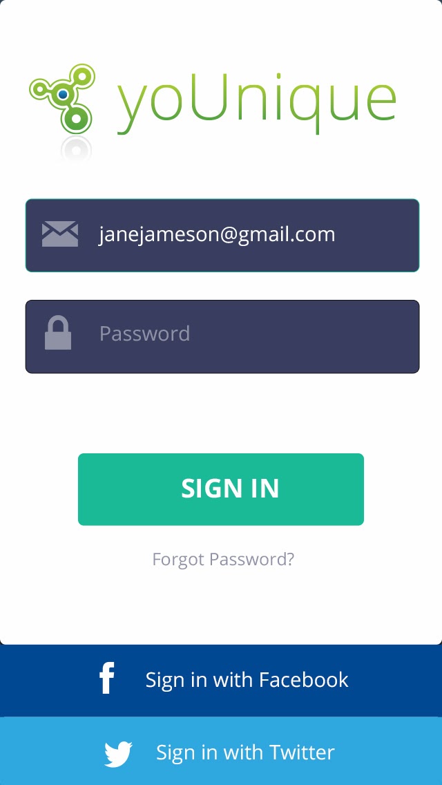 YoUnique logo and login screen