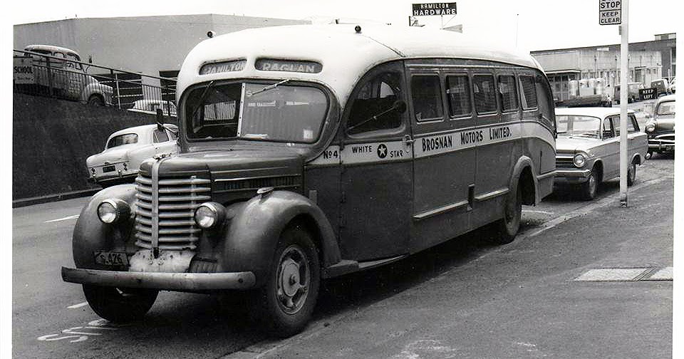transpress nz Diamond T bus in Hamilton, 1964