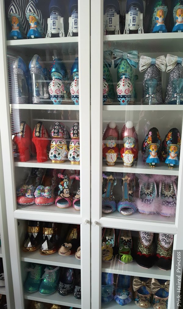 Irregular Choice Disney Muppets, Cinderella, Mickey, Star Wars, Alice shoe collection shoe cabinet in shoe room with Irregular Choice Disney shoes behind glass doors