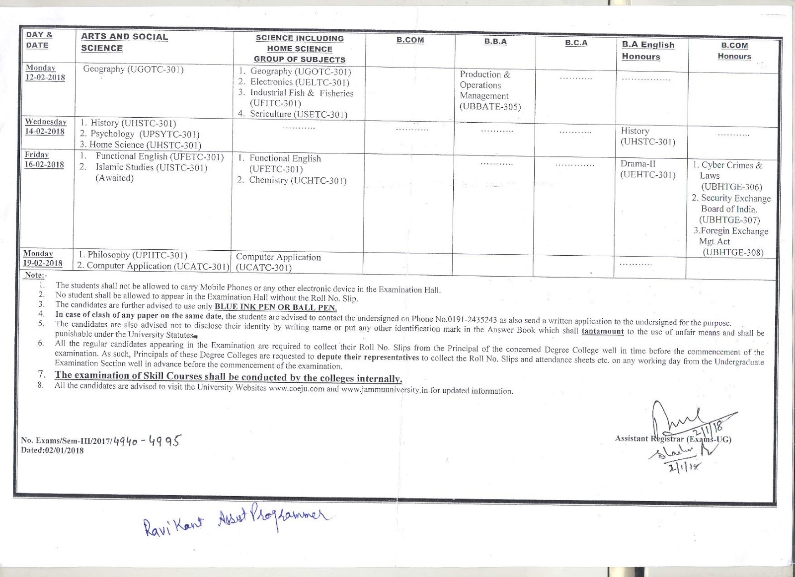 DATE SHEET OF 3 YEAR B.A. / B.SC. / B.SC. HOME SCIENCE / / BBA