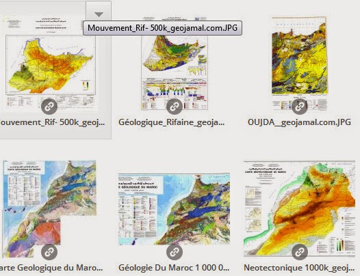 خريطة المغرب الجيولوجية Carte Géologique du Maroc  خريطة الجيولوجية للمغرب Carte Géologique du Maroc  الخريطة الجيولوجية للريف Carte Géologique du Rif  الخريطة الجيولوجية للريف الشرقي (وجدة) Carte Géologique du Rif oriental  خريطة التكتونية الحديثة للريف (الحركية الحديثة) Carte Neotectonique du Rif  خريطة التكتونية الحديثة للمغرب (الحركية الحديثة) Carte Neotectonique du Maroc