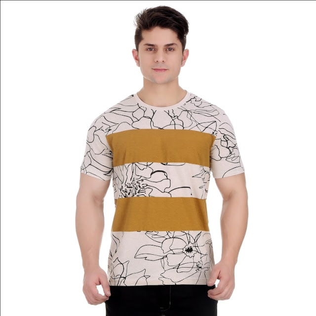 Round Neck Oatmeal Melange Cotton T Shirt With Floral Graphic Round Neck Oatmeal Melange Cotton T Shirt With Floral Graphic