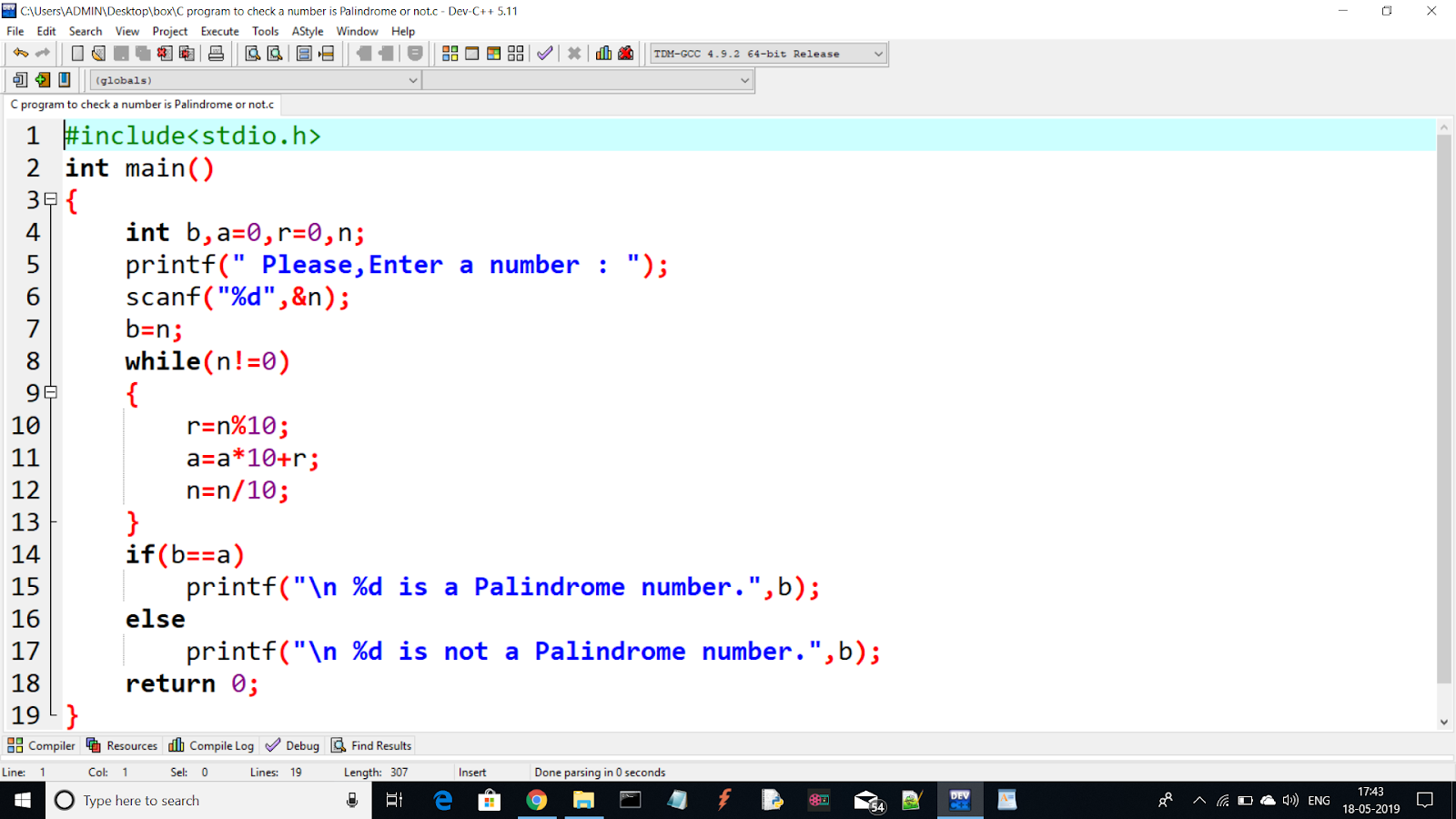 C program to check a number is Palindrome or not
