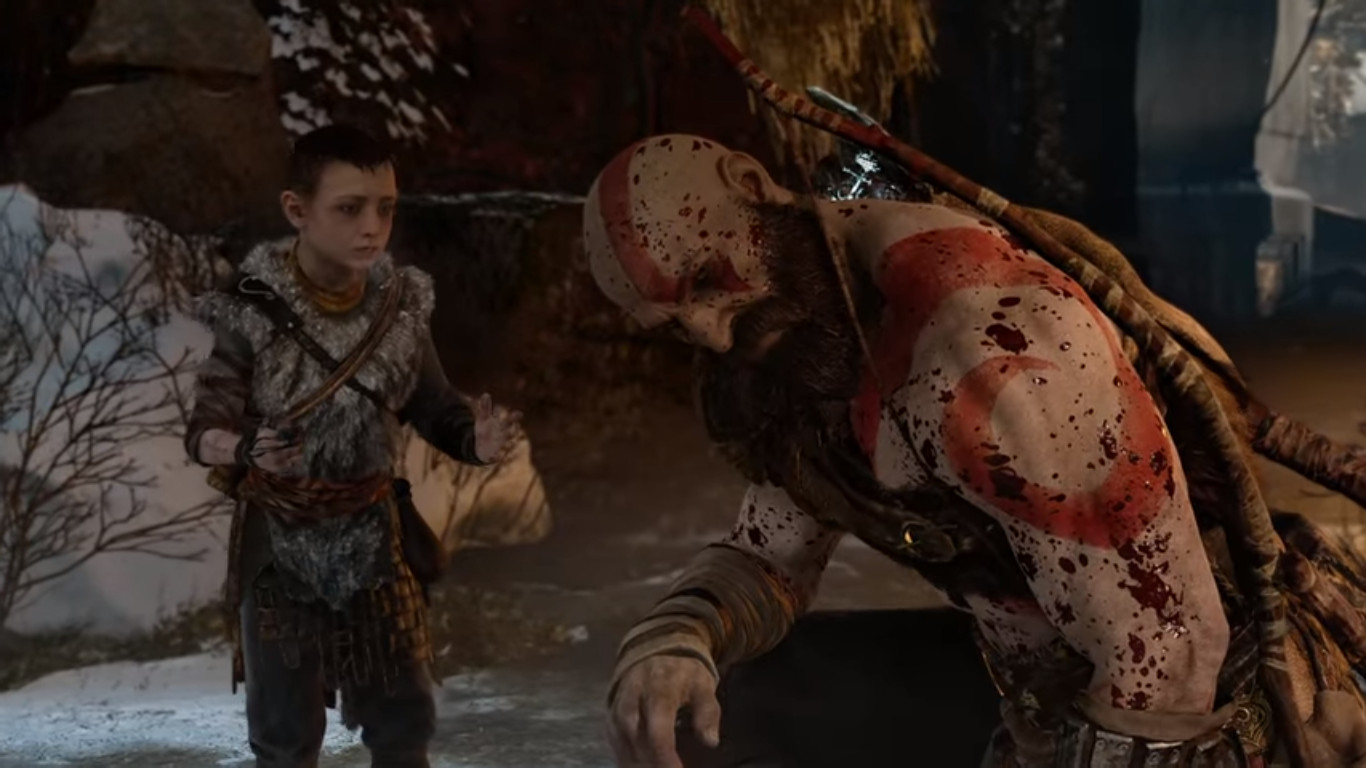 God of War E3 2016 gameplay trailer blooded bearded Kratos with son apologizing don't be sorry be better
