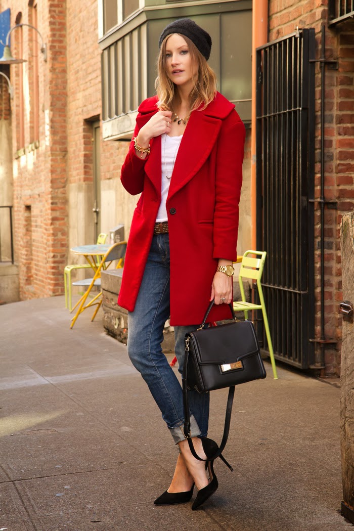 Fashion Blogger, Alison Hutchinson is wearing a red zara coat, rich & skinny slouchy skinnies, a white witchery tee, zara black pumps, a kate spade carrol park penelope bag, and a michael kors watch