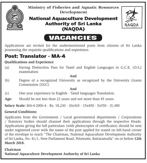 Translator National Aquaculture Development Authority of Sri Lanka
