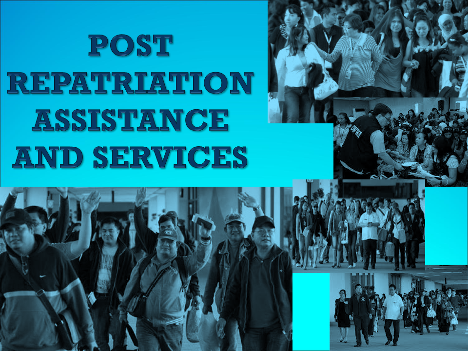 POST REPATRIATION ASSISTANCE AND SERVICES  The HO, with the Repatriation Assistance Division (RAD) as the focal unit, delivers the needed assistance and services to returning distressed OFWs.   Prior to arrival of the OFWs, the RAD coordinates with the concerned units of the HO for efficient delivery of services.  The services provided to OFWs at the HO are as follows:  Airport assistance      This refers to the services at the airport to address the immediate needs of all arriving distressed OFWs.  This includes facilitation of documents at the Immigration Counter, first aid/initial medical evaluation, retrieval of luggage, and facilitation of their exit. The OWWA Airport Assistance Counter (AAC) at the NAIA serves as the focal center in providing airport assistance. It is manned by a regular Airport Assistance Officer (AAO) and a duty nurse who attend to arriving distressed OFWs.  The counter is open from 8:00 A.M. up to the arrival of the last passenger flight.   2. Temporary shelter    This refers to a temporary board and lodging facility where returning distressed OFWs are accommodated. The OWWA Halfway Home was established to assist OFWs in their immediate needs, including stress debriefing, counseling, and initial discussion of their plans towards recovery and reintegration.   3. Stress debriefing    This refers to the process of helping individual or groups of OFWs and their families in dealing positively with the emotional impact of a severe exploitation experienced while working abroad and educating them their current and anticipated stress response through stress management and contingency planning towards recovery.    4. Counseling    This refers to the process of helping individual or groups of OFWs and their families in identifying, understanding and solving their problems using available resources geared towards improved individual or family functioning or circumstances. It aims to help the clients enhance and develop their capabilities to cope and function adequately in facing problems and difficulties.   5. Medical assistance    This refers to services of OWWA-partner medical institutions being availed of by OFWs to diagnose their health conditions and disabilities until they become fit to travel to their home destinations.    6. Legal Counseling /Conciliation Services   This refers to the services provided by a lawyer, or person(s) under the supervision of a lawyer, to assist the client in seeking or obtaining legal help in resolving his/her case/s.   7. Transportation service    This refers to the provision of appropriate transportation service to physically/mentally ill or distressed returning OFWs from the airport to the HO or to other pre-identified destination points such as hospitals, airports, seaports, bus stations, or to their places of residence, if necessary.       REGIONAL WELFARE OFFICES  (RWO)  The Regional Welfare Offices (RWOs) are strategically located in 17 regions in the country. These offices provide and sustain OWWA services to OFWs including their families. It is the implementing arm of OWWA in extending its reintegration programs and services to returning OFWs in the region.  The services provided to OFWs at the RWO are as follows:   Arrival assistance    This refers to the help extended to distressed OFWs who arrive through the local airport, sea port or land travel accompanied by the HO Case Officer/Repatriation Officer. This assistance includes coordination with the NOK and provision of appropriate vehicle or transportation assistance up to home destination of the client.        2. Client recovery    This refers to the formulation of treatment plan leading to the psychological, emotional, and physical recovery of the client. This includes psycho-social intervention such as case assessment, identification of immediate and other underlying needs, stress debriefing, referral to medical and legal assistance, conduct of individual and family counseling, networking with other service providers, and advocacy efforts towards recovery and reintegration of the client.       4. Regular OWWA programs and services    This refers to other programs and services of OWWA available to all qualified OWWA-member OFWs and their families. These include skills training and upgrading, scholarship grants, insurance benefits, and loan programs.   5. Monitoring and evaluation    This refers to tracking the effectiveness of the reintegration plan by measuring the client’s achievement in relation to his/her goals and the impact on himself/herself.   6. Data basing   This refers to a systematic data collection of the relevant demographic information of the clients, their experiences and the services provided to them. The database is utilized by the system’s functions in generating case information for sharing and documentation of best practices and other related reportorial requirements.    Procedures at the RWO  Assistance prior and upon arrival of the client at the RWO   For clients who are sick, with physical disability or mental illness as advised by the OP/HO/NOK and other sources: 1.1  Prior to arrival of the client, the CO confirms the flight details of the arriving client/OFW.  1.2  The CO informs the NOK the flight details and condition of the client.  1.3  Upon arrival, the CO attends to the client and introduces himself/herself as the duty officer.    1.4  The CO assesses the immediate needs of the client.  1.4.1  For clients needing further medical evaluation/treatment as recommended by the OP/HO:    If the NOK is present, the CO assists the NOK in bringing the client to a medical institution. If the NOK decides to bring home the client, the CO turns-over the client to the NOK after a waiver is signed. If necessary, the CO facilitates the client’s travel to his/her home destination.   The CO provides the client/NOK information on OWWA programs and services available at the RWO.    1.4.2 For clients who are sick, with physical disability or mental illness accompanied by HO Repatriation Officer:    The CO coordinates with the NOK prior to the arrival of the client.   The CO turns-over the client to the NOK if present. If the NOK is not present, the CO arranges onward travel or shall accompany the client to his/her home destination.   If the client needs further medical evaluation/treatment as recommended, please refer to Procedure A 1.4.   The CO provides the client/NOK information on OWWA programs and services.     B. Assistance for the recovery of the client  1. For walk-in clients:  1.1  The CO receives the client and assists him/her in filling up the OFW Information Sheet. For trafficked victims, the CO accomplishes the Client Card.  1.2  The CO assesses the immediate needs of the client.  1.2.1  If the client needs medical assistance:  The CO informs or coordinates with NOK and prepares referral letter to a medical institutions and/or other service providers for assistance.  The CO provides the client and/or NOK with OWWA programs and services that the client can avail of upon his/her discharge.  The CO prepares a case summary report.     1.2.2  If the client’s case involves violation of RA 8042, the CO refers the client to appropriate authorities.  For labor related cases involving money claims, the CO refers the client to National Labor Relations Commission (NLRC).  For cases involving the recruitment-related violations, the CO refers the client to POEA.  For illegal recruitment cases, the CO refers the client to Interagency Committee on Anti-Illegal Recruitment: POEA, Department of Justice (DOJ), National Bureau of Investigation (NBI), and Philippine National Police (PNP).  1.2.3  If the client refuses to pursue any case, the CO informs him/her of other services that he/she can avail of from OWWA and other service providers.    1.2.4  If the client’s case involves violation of RA 9208 (trafficked or severe exploitation):  The CO refers the client to appropriate authorities such as the Regional Inter-Agency Committee on Anti-trafficking (RIACAT) -- NBI, DOJ, PNP, POEA, Department of Foreign Affairs (DFA), and Department of Social Welfare and Development (DSWD) --- to pursue case against his/her perpetrator.  The CO may accompany the client to the said offices, if necessary.  The CO monitors the status of the case, if filed.  If the client refused to pursue case, the CO informs him/her of other services that he/she can avail of from OWWA and other service providers.    1.3  The CO conducts stress debriefing and counseling, individual and group, upon assessment of the client’s need and readiness to undertake the activities.  1.4 The CO evaluates the client’s physical and emotional recovery and discusses his/her reintegration plans.  1.5  The CO monitors the status of the client and his/her readiness towards reintegration. If the client is ready, the CO shall conduct career counseling and coaching. If not, the CO shall follow Procedures C, D, and E.  1.6  The CO follows the procedures on client’s social and economic reintegration. Please refer to Procedure C.   1.7  The CO prepares and/or updates the client’s case summary report.  2. For clients with endorsement/prior advice from the OP and HO and other sources, the CO receives the client and reviews his/her case summary report and accomplished Workers Assistance Information Sheet. Please follow Procedures B 1.7.  3. For clients and/or NOKs who report their cases through phone with or without referral from OP, HO and other sources:  3.1  The CO identifies the client’s needs.  3.2  The CO verifies if the client is an OWWA member or not.    3.3  If the client is a member, the CO informs him/her of the OWWA services that he/she can avail of.  3.4  If the client is capable to go the RWO, the CO follows Procedures B 1, for walk-in clients. If the client is not capable, the CO may monitor case through home visitation until such time that he/she is able to proceed to the RWO. The CO may also refer to other service providers/networks.  3.5  If the client is not a member, the CO refers the client to other service providers/networks.    C. Client’s reintegration assistance   1. Personal and social reintegration:  1.1  The CO assesses the client’s emotional and psychological readiness towards social reintegration.  1.2  The CO validates from family members the improvement of client’s social functioning and emotional stability.  1.3  The CO enhances the self-esteem of the client by entrusting some responsibilities he/she can perform and cope with.  1.4  The CO encourages/motivates the client to join and participate in various activities of OFW Family Circles and other community groups.  1.5  The CO prepares/updates the case summary report.    The CO assists the client to enrol in skills training/upgrading program under Skills-for-Employment Scholarship Program (SESP), subject to existing guidelines.  If the client is not qualified under the SESP program, the CO may refer the client to other institutions that offer skills training and upgrading courses.  The CO monitors the progress of the client’s training.  After completion of the training, the CO shall refer the client to the Bureau of Local Employment (BLE) of DOLE or Public Employment Service Office (PESO) for local employment.             If the client prefers to be re-employed overseas:   The CO provides the client with information that will raise  his/her awareness on safe migration to avoid similar  experience of exploitation and/or trafficking.      The CO provides guidance on how to improve his/her situation abroad by having networks of information and social support from Filipino communities.   The CO provides the client with the directory of Philippine Embassies/Consulates/POLOs.   The CO informs the client to deal with legitimate LRA and/or POEA only to avoid fraudulent and exploitative practices during the aprocess.  THANK YOU!!!