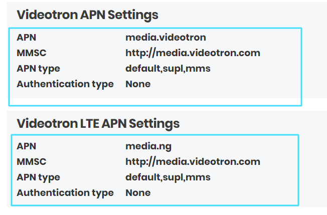 New VideoTron APN Settings