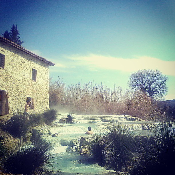 The pools of the Saturnia hot springs on a winter morning