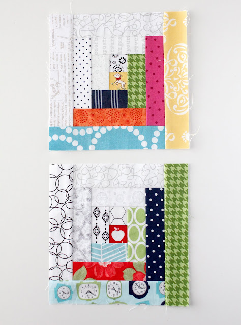 Fun and scrappy log cabin blocks by A Bright Corner.  She had a free downloadable paper piecing pattern!