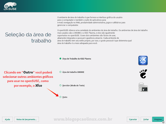 Etapa de seleção de ambiente gráfico a ser utilizado no openSUSE Leap 42.2 Etapa de seleção de ambiente gráfico a ser utilizado no openSUSE Leap 42.2
