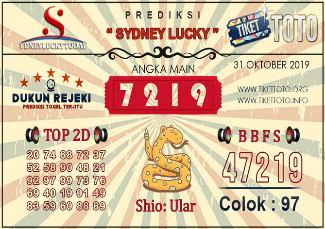 Prediksi Togel SYDNEY LUCKY TIKETTOTO 31 OKTOBER 2019