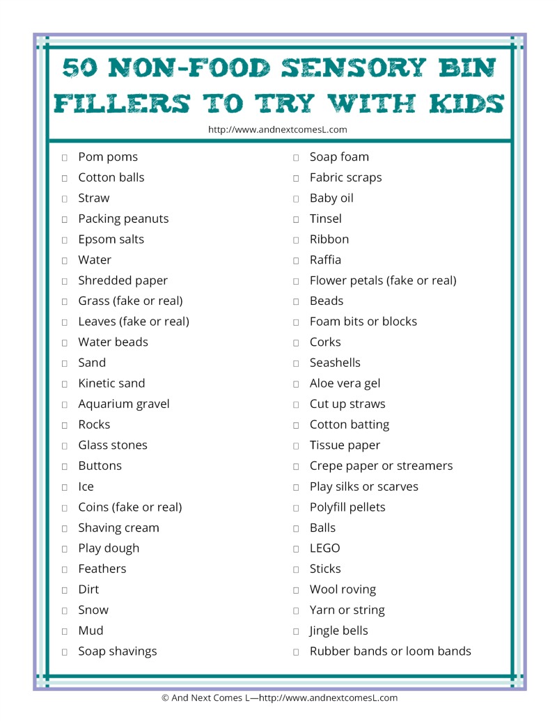 50 non-food sensory bin fillers to try with kids {free printable} from And Next Comes L