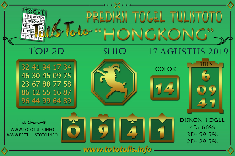 Prediksi Togel HONGKONG TULISTOTO 17 AGUSTUS 2019