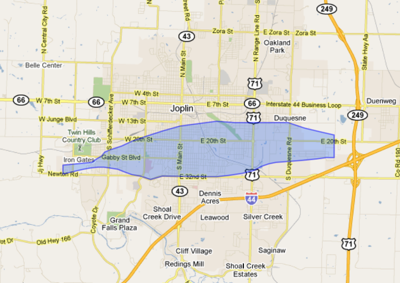 AKSARBENT Map of Joplin tornado path;gay church trashed during