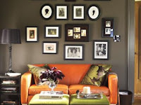 living room with orange sofa