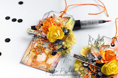 Scraps of Darkness scrapbook kits mixed media tutorial: Colorful Summer Tags created w/our March 2017 kit, by Tanya SonataJoy