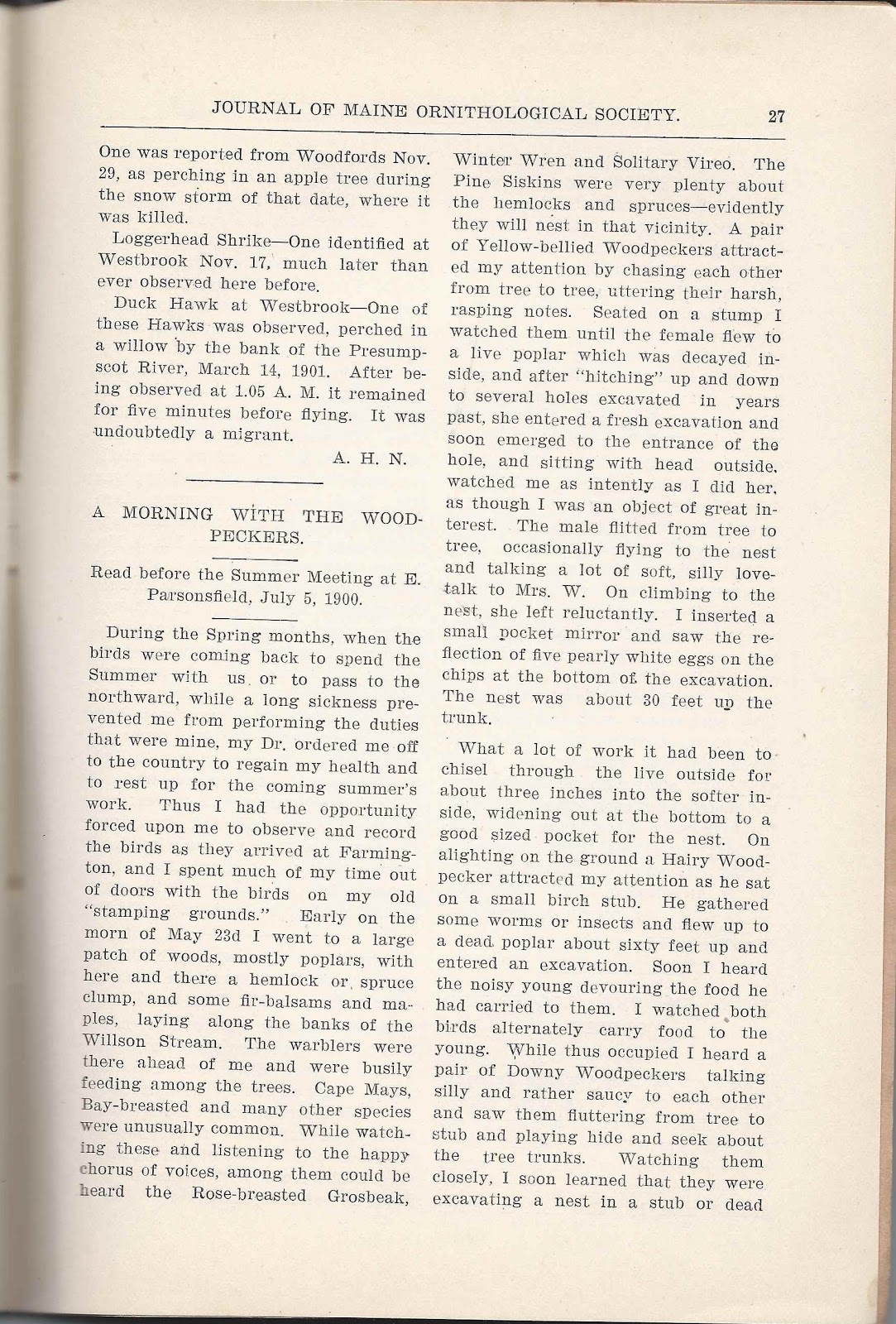 Heirlooms Reunited April 1901 Journal of the Maine Ornithological Society,