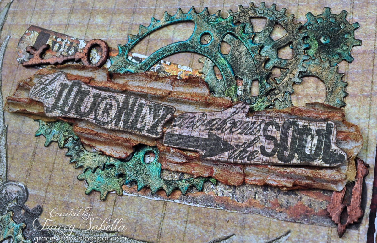 Grungy mixed media card by Tracey Sabella for Donna Salazar; Sprightly Sprockets