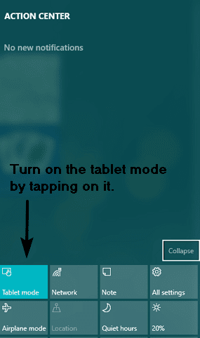 turn on/off tablet mode from action center