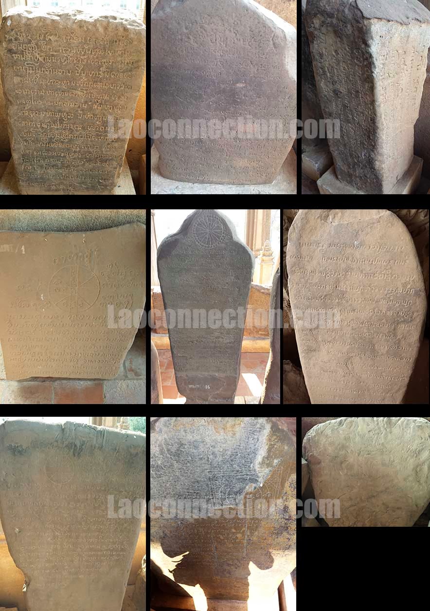 Image of ancient stone slabs with Lao language and several other written scripts used in the former Lao kingdoms, on display at Vat Haw Prakeow.