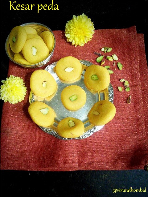 Kesar Peda Kesar Peda - Kesar pedas prepared with milk, sugar and saffrons. These kesar pedas prepared with fresh milk have a smoother texture and perfect shapes. Surprise your kids with these home made kesar pedas. You can make the kova the day before or prepare it right away. It tastes good with the homemade kova.