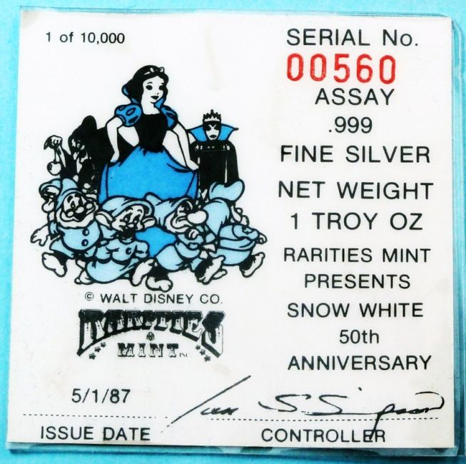 Silver 1 Troy Oz  Disney w/COA Proof The Witch 1987 Snow White 50th Ann 