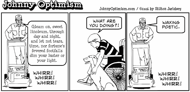 johnny optimism, medical, humor, sick, jokes, boy, wheelchair, doctors, hospital, stilton jarlsberg, wax, wax poetic, buffer, floor