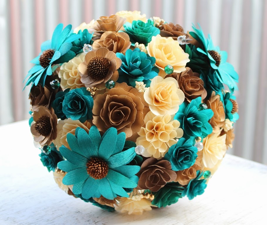 Teal Wedding Bridal Bouquet Made of Teal, Brown, Copper and Natural